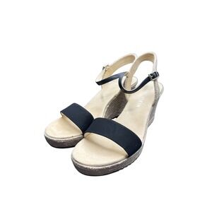 Anne Klein Womens Wedge Sandals Espadrille Ankle Strap AKwella Black Beige Sz 9M
